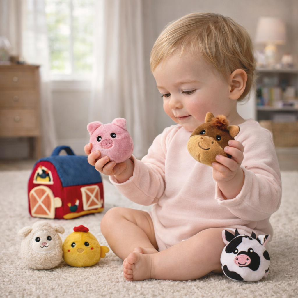 Baby exploring a plush toys during floor time