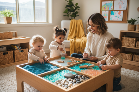 Early childhood educator observing mixed-age group during sensory play in a Family Day Care setting