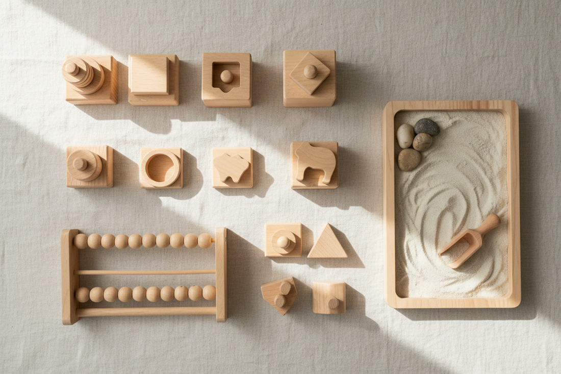 Wooden Montessori sorting materials and sensory play tray side by side on a white surface
