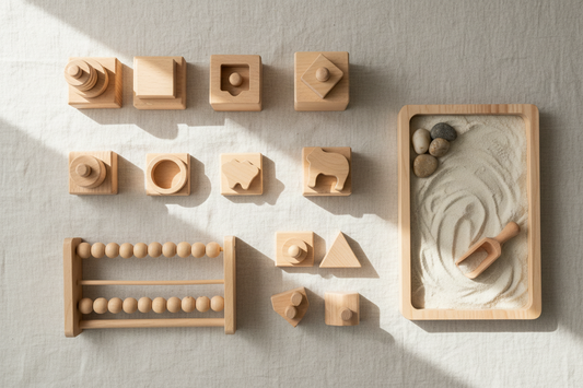 Wooden Montessori sorting materials and sensory play tray side by side on a white surface
