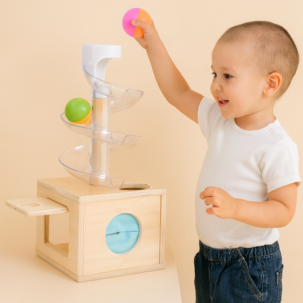 Wooden Montessori slide and discover ball run toy for toddlers — CC's Sensory Play Australia